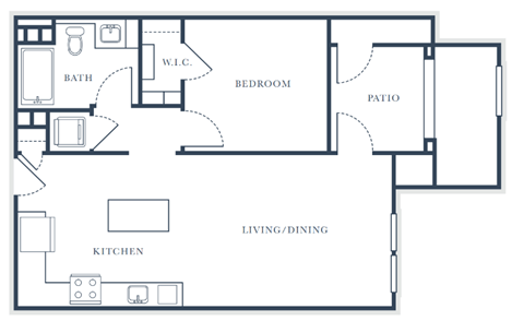 Floor plan for 1 bed, 1 bath, 756 sqft